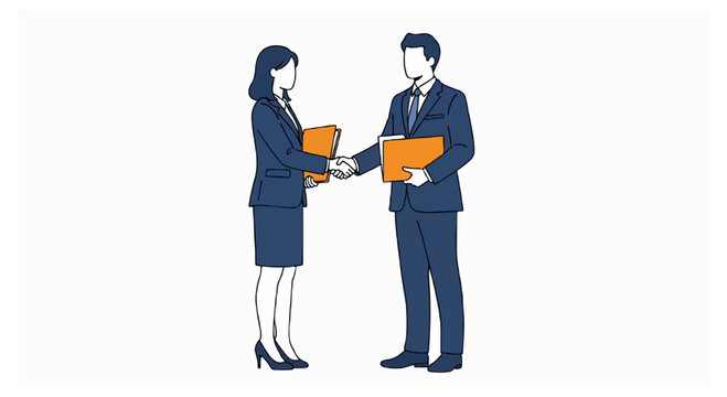 A professional man and woman in matching blue suits shake hands while holding orange folders against a solid white background in a flat vector style.