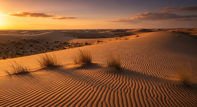 Sand dunes landscape at sunset golden hour