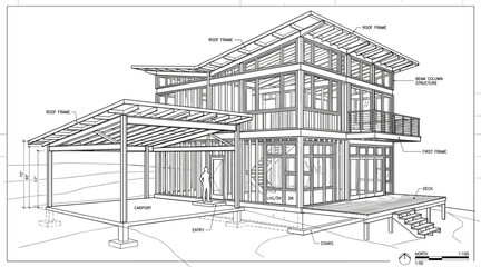 Fototapeta premium Modern house structural perspective with labeled construction elements, roof framing and exterior details in comprehensive architectural line vector illustration