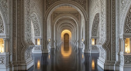 Obraz premium Magnificent Ornate Hallway with Arches and Intricate Carvings.