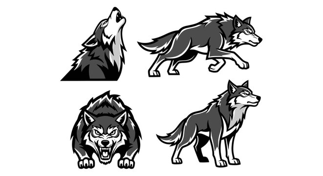 Monochrome Wolf Pack - Howling, Stalking, and Aggressive Poses.
