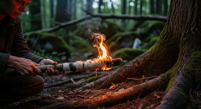 Person holds a burning wooden torch in the dark forest.
