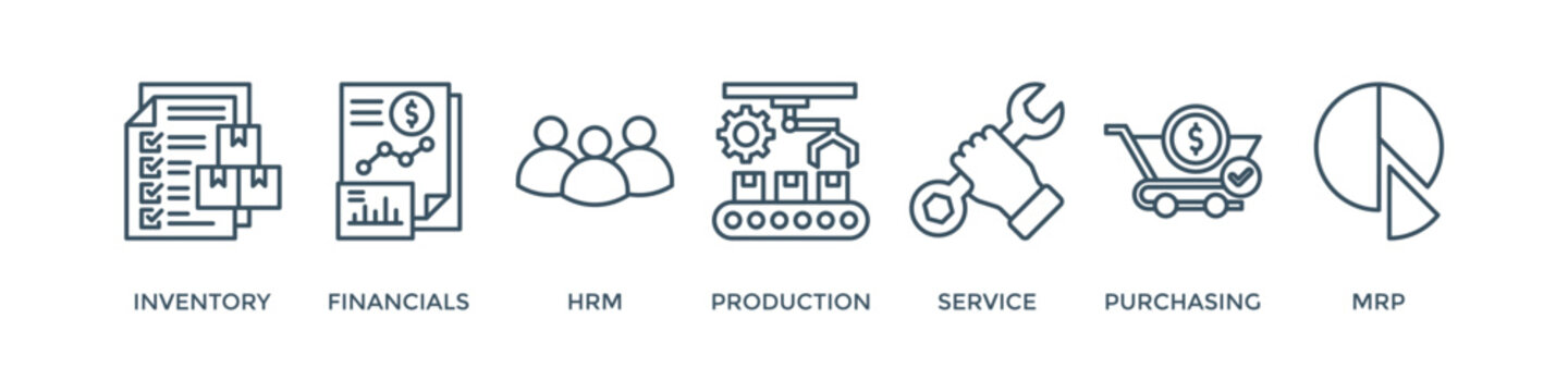 ERP banner web icon vector illustration concept for enterprise resource planning with icon of inventory, financials, hrm, production, service, purchasing, and mrp