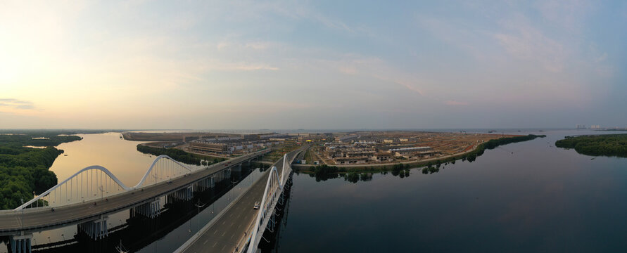 Panorama of bridge over the sea at Pantai Indah Kapuk sunset