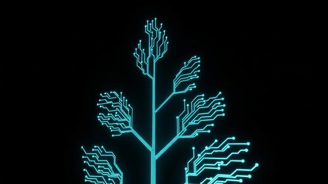 Glowing Neon Circuit Board Tree Growing On Dark Background Technology Innovation For Tech Science Designs