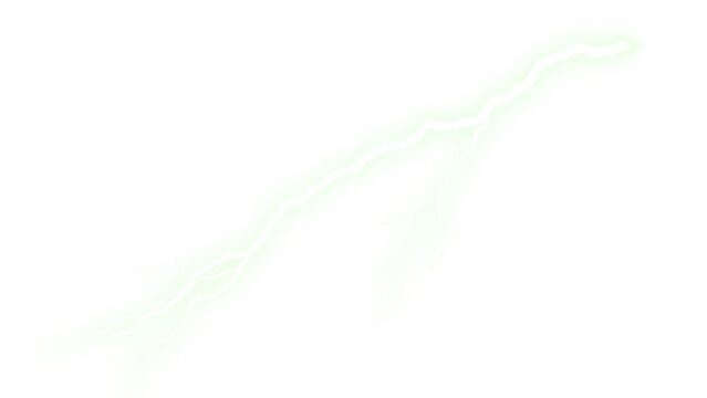 Electric green lightning bolt on white background, glowing neon thunderbolt strike, vibrant energy flash and atmospheric discharge effect