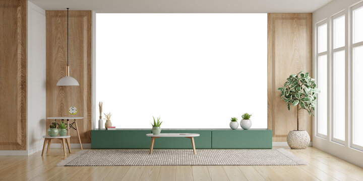 Minimal living room interior with wooden wall and green cabinet empty on transparent background- 3D rendering