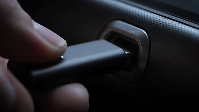 Hand plugging USB car charger into vehicle's power socket