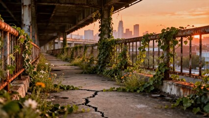 Fototapeta premium Green Vines and Wildflowers Growing Through Concrete Cracks on Abandoned Overpass at Sunset 