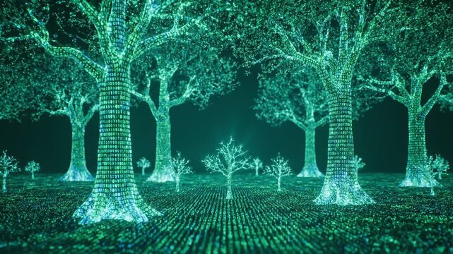Digital Forest of Glowing Binary Trees in Futuristic Landscape