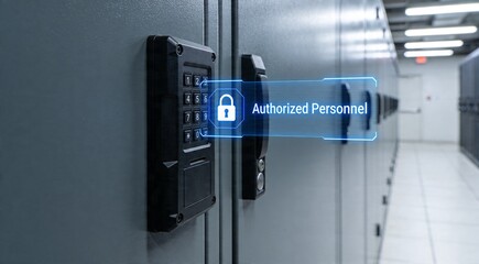 Naklejka premium Enterprise Infrastructure Access Verification Visual with Steel Server Door, Security Panel and Authorized Status Graphic, Clean Business Image for Data Facility Control and Restricted Operations