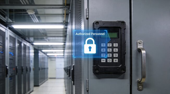 Secure Server Room Entry Scene with Access Panel and Authorized Lock Overlay, Professional Stock Image for Data Center Operations, Facility Controls, Restricted Access and Infrastructure Protection