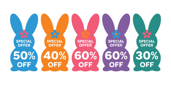 special offer easter bunny badges collection, colorful discount shapes with percentage text for spring sale promotion marketing labels and seasonal advertising elements isolated vector illustration.