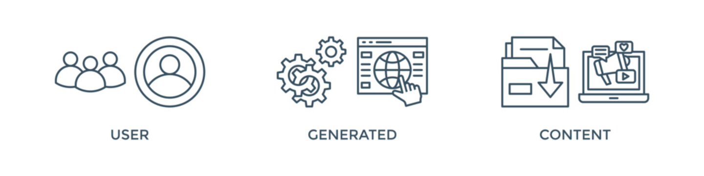 UGC banner web icon vector illustration concept for user-generated content with icon of people, network, process, engine, click, internet, website, archive and browser