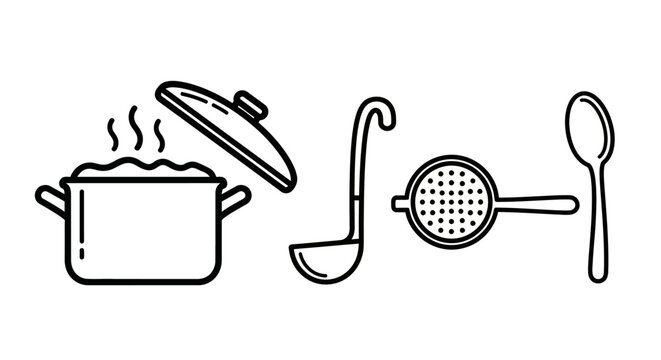 Kitchen cooking utensils and pot.
