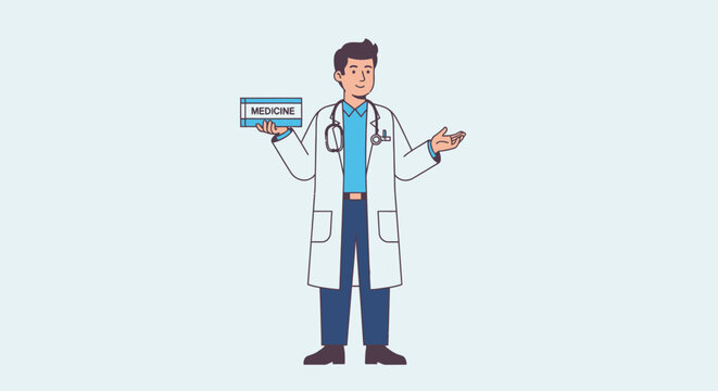 Doctor in white lab coat standing.