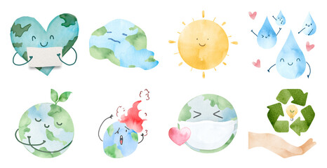 Cute Earth-themed watercolor illustrations element set © Rawpixel.com