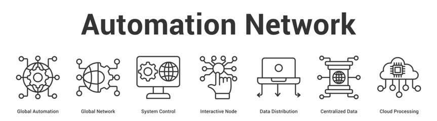Fototapeta premium Automation Network web banner icon set vector illustration concept for business with icon of Global Automation, Global Network, System Control, Interactive Node, Data Distribution, Centralized Da.