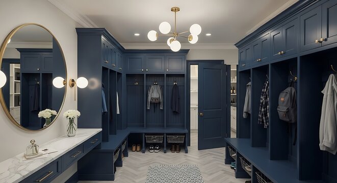 Luxurious navy blue mudroom with ample storage, vanity, and elegant lighting.
