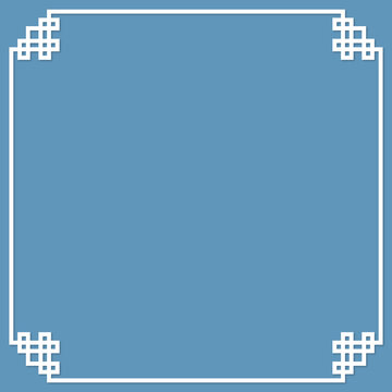 Minimalist square blue frame with white geometric pixelated knot corners. Thin white border with intricate lattice patterns on each corner over a solid muted blue background.