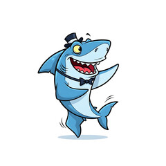 Naklejka premium A cute blue shark and happy fish cartoon character illustration featuring a funny smile, isolated as a vector art clipart for sea animal mascot designs