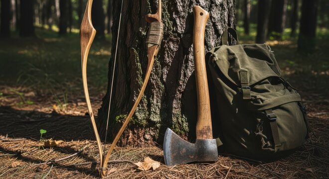 Wooden bow and metal axe rest against a tree trunk beside a green backpack in the forest.