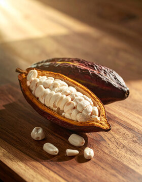 Vaina de cacao natural abierta con semillas frescas