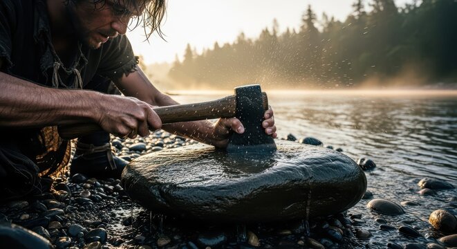 Woodsman sharpens his metal axe against a wet river stone at sunrise.