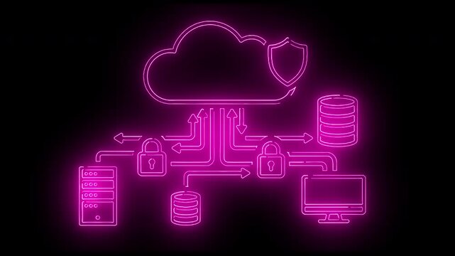Neon pink illustration of a cloud computing system with server, database, and security icons on a black background.