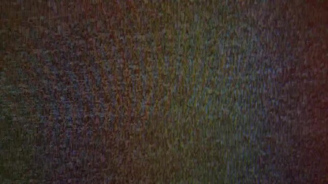 Vintage CRT TV screen with analog static noise and vertical dark color band showing pink lavender and green glitch interference pattern