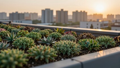 Fototapeta premium Rooftop garden with various succulents and city skyline at sunset
