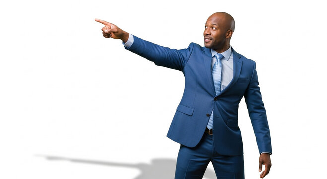 Confident businessman in a sharp blue suit actively pointing towards a clear direction, symbolizing leadership, future opportunities, and strategic guidance on a bright white background