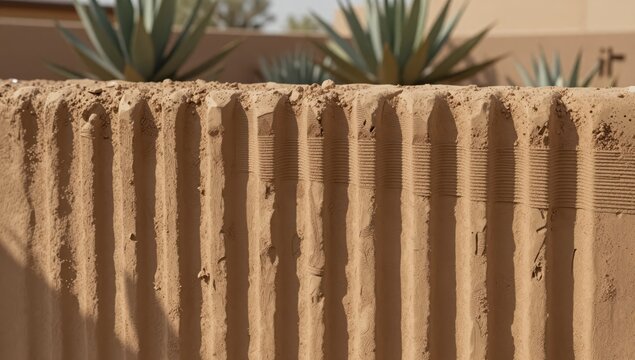 Textured adobe wall with vertical grooves and arid desert plants in background