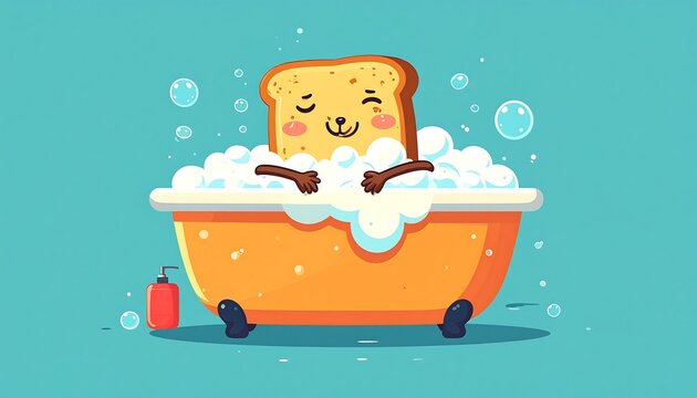 A cartoon toast character relaxing in a bubble bath