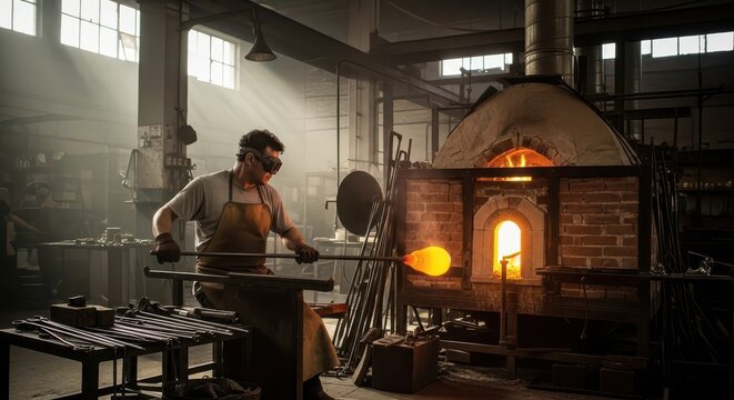 Skilled glassblower works with molten glass near a furnace in a workshop.
