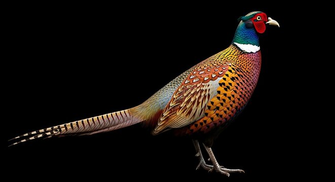 A vibrant, colorful pheasant stands proudly with iridescent feathers against a black background