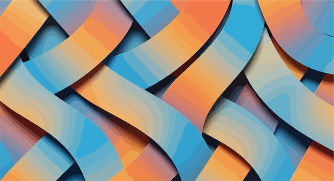 A colorful abstract composition of interwoven curved stripes