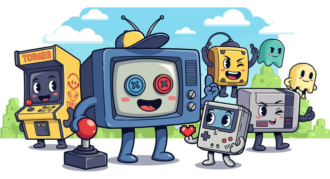 Happy Retro Cartoon Electronics Characters Posing Together Outdoors in a Playful Setting