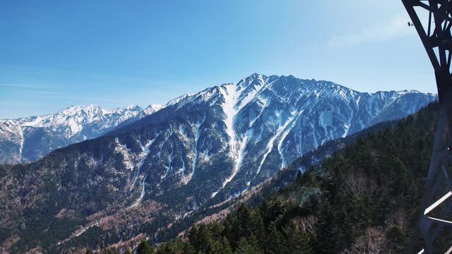 冠雪の北アルプスの西穂高岳の新穂高ロープウェイ