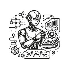 Naklejka premium Intelligent AI Robot Processing Data Icon, Representing Advanced Machine Learning and Digital Technology Concepts through a Sleek Line Art Illustration for Futuristic Innovation