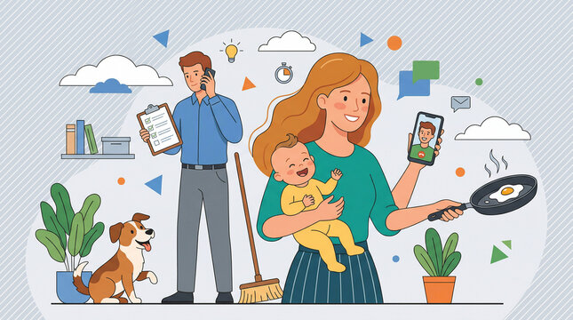 Illustration of a busy modern family juggling multiple tasks simultaneously with modern life domestic duties parent child home life work life balance lifestyle juggling multitasking parenting