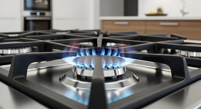 Close-up of a natural gas burner with blue flames igniting on a modern kitchen stovetop, showcasing cooking and home appliance technology