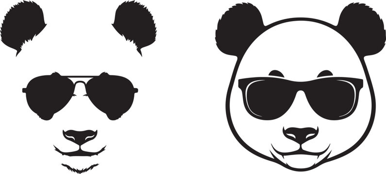 black and white panda head wearing cool sunglasses on white background.