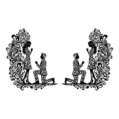 Fototapeta premium Elegant Silhouette Couple Proposal, Romantic Engagement, Ornate Floral Swirls, Black and White SVG Design
