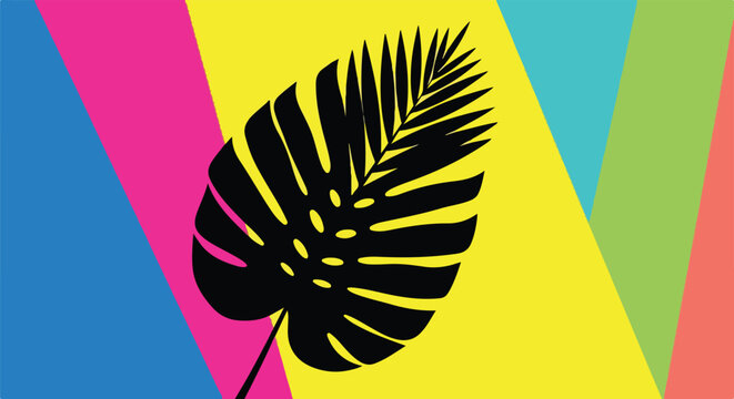 A colorful background with a large black leaf