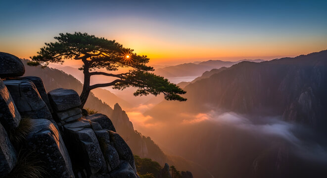 Golden sunrise illuminates a resilient pine tree on a majestic mountain cliff, revealing a serene panorama of misty valleys and distant peaks