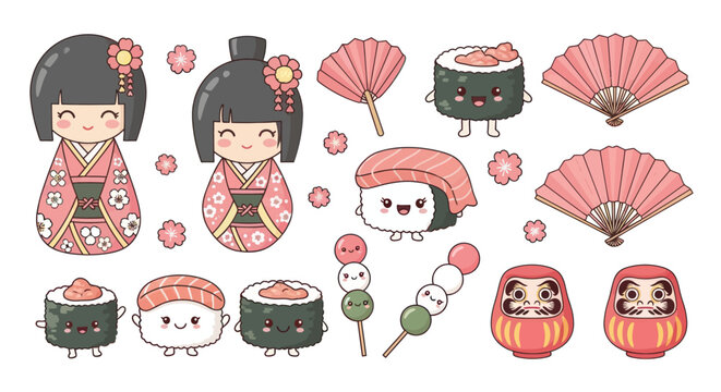 Japanese Geisha and Sushi Food Items.