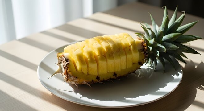 Fresh Sliced Pineapple on Plate in Natural Sunlight, Healthy Food Concept