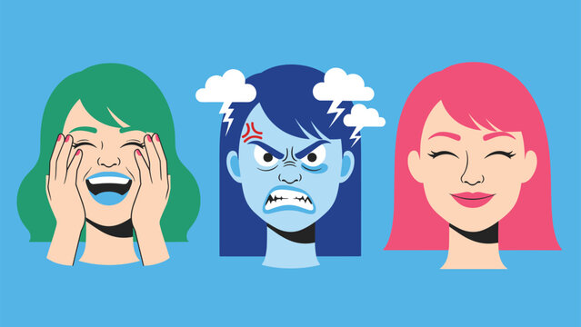 Comparison of different facial expressions illustrates human emotions ranging from laughter to intense anger and happiness.