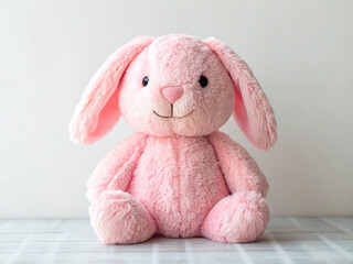 Fototapeta premium Adorable pink bunny plush toy PNG isolated on transparent background, soft stuffed animal for kids and baby room decor 